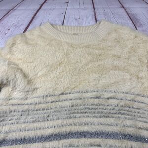 Mystree Sweater Womens Medium Ivory Fuzzy Eyelash Stripe Metallic Knit Pullover